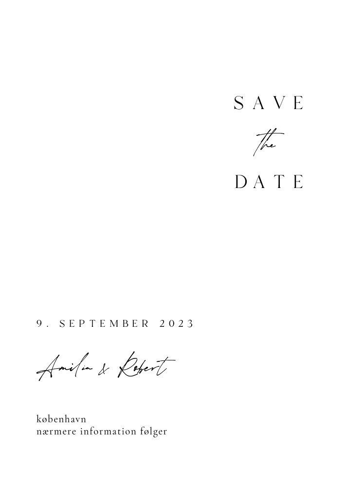 
                Minimalistisk og klassisk save the date kort. Til designet kommer også matchende elementer i form af velkomstskilt, salmehæfte, bordoversigt, menukort, bordkort, drinkskort, invitation, takkekort mm. således I kan skabe en rød tråd for dagen.                